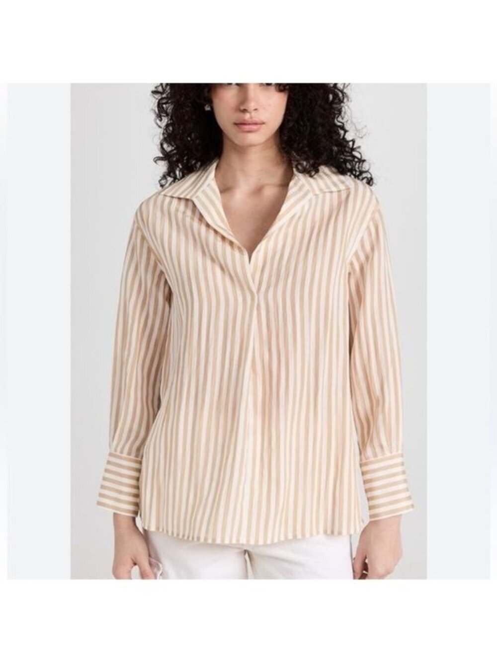 Vince Womens Pullover Striped Shirt Size L Tan White Relaxed Fit Pleated Casual